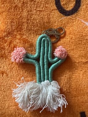 Handmade Green Cactus Keychain with Pink Blooms